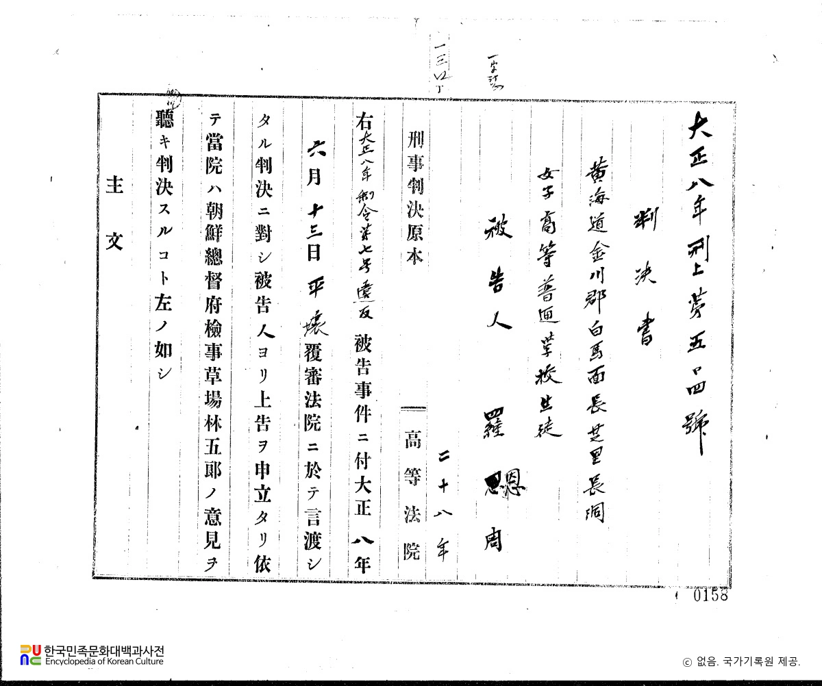 나은주(羅恩周)　/　독립운동 관련 일제 판결문(19190821)