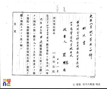 [사진] 나은주(羅恩周)　/　독립운동 관련 일제 판결문(19190821)