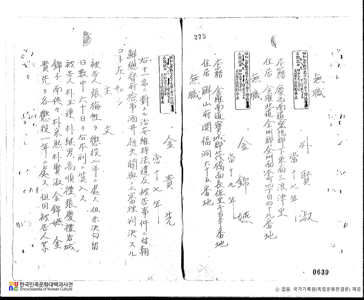 박현숙(朴賢淑)　/　독립운동 관련 일제 판결문(19301006)