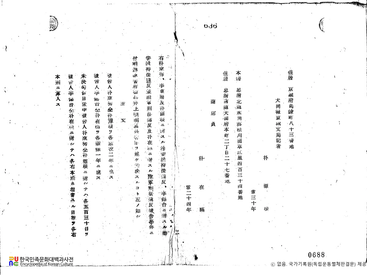 박재복(朴在福)　/　독립운동 관련 일제 판결문(19411029)