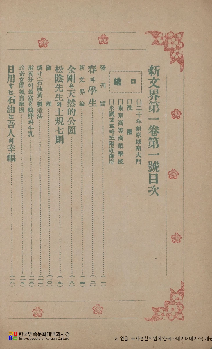 <신문계> 창간호 (1913년 4월호)　/　목차