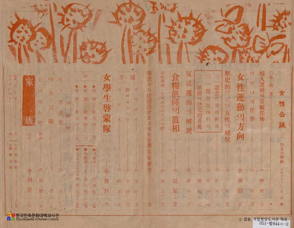 여성공론(1946년 3~4월 합병호)　/　목차