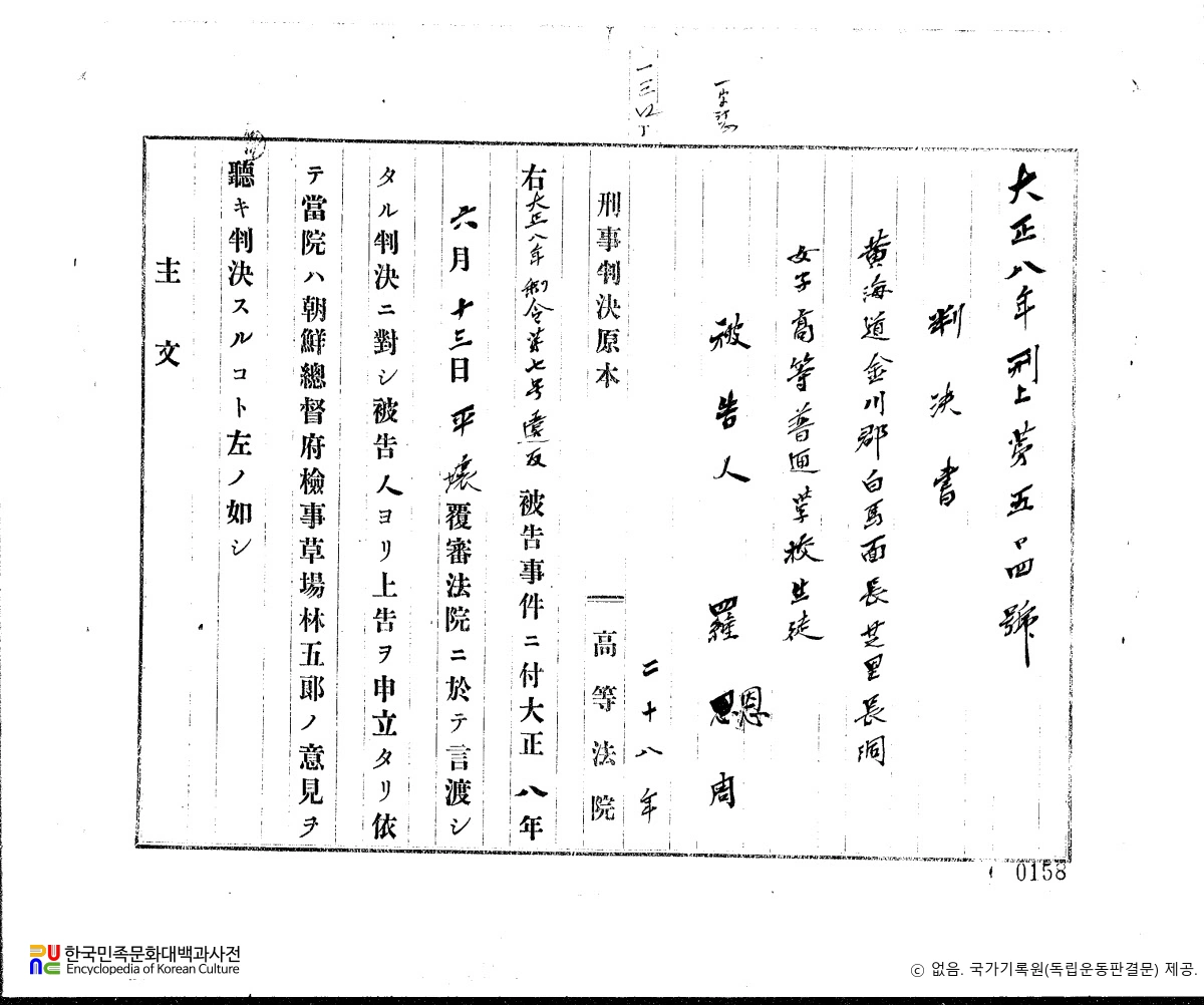 나은주(羅恩周)　/　독립운동 관련 일제 판결문(19190821)