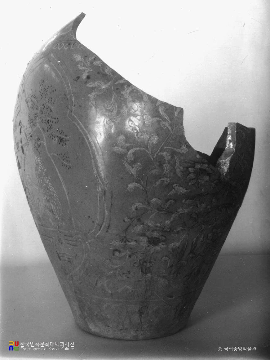 청자 상감 금채 수하원후문편호