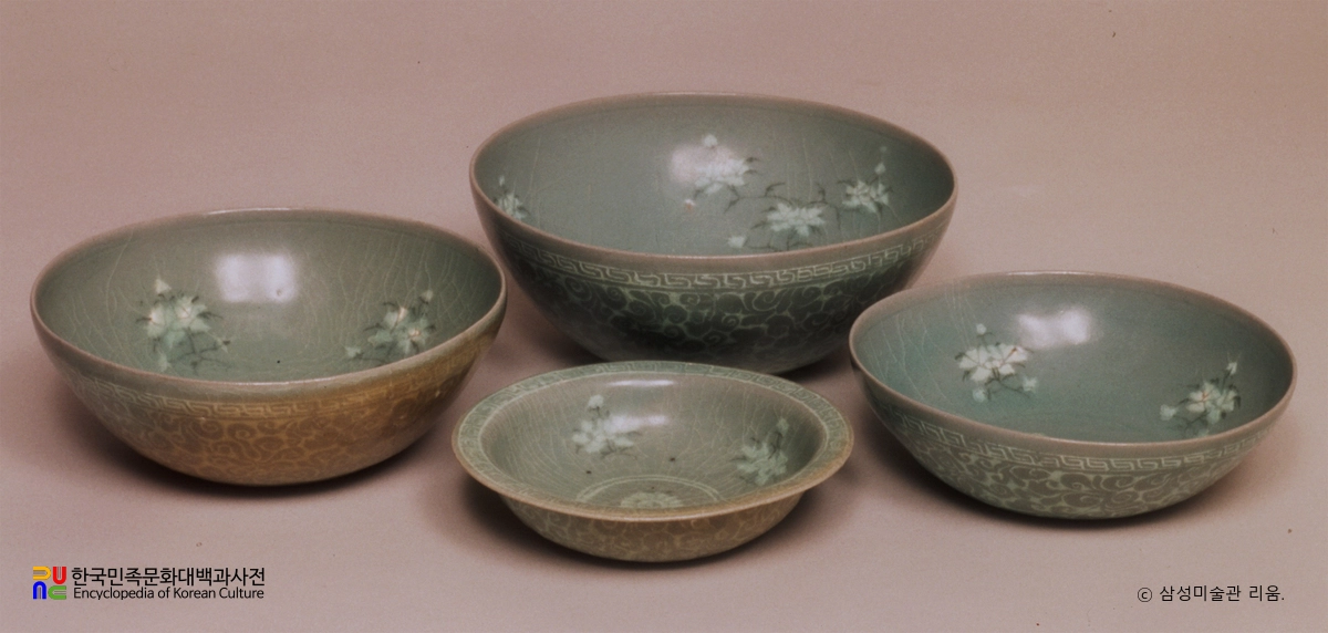 청자 상감 모란문 발우 및 접시