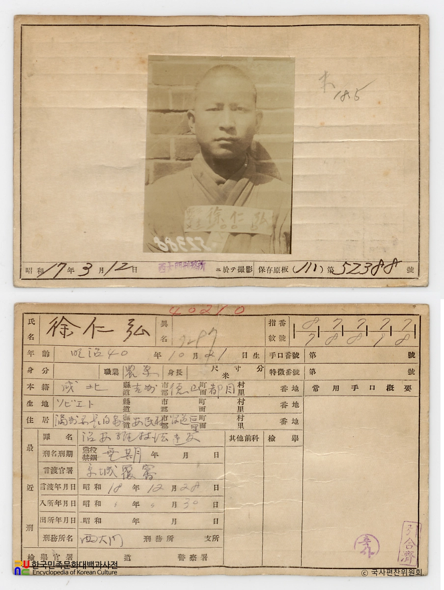 일제 주요감시대상 인물카드 서인홍 전후면