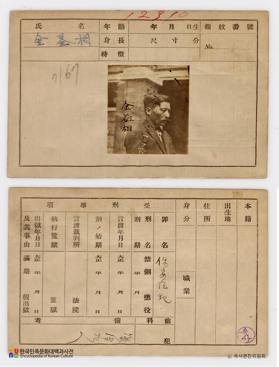 일제 주요감시대상 인물카드 김익상 전후면