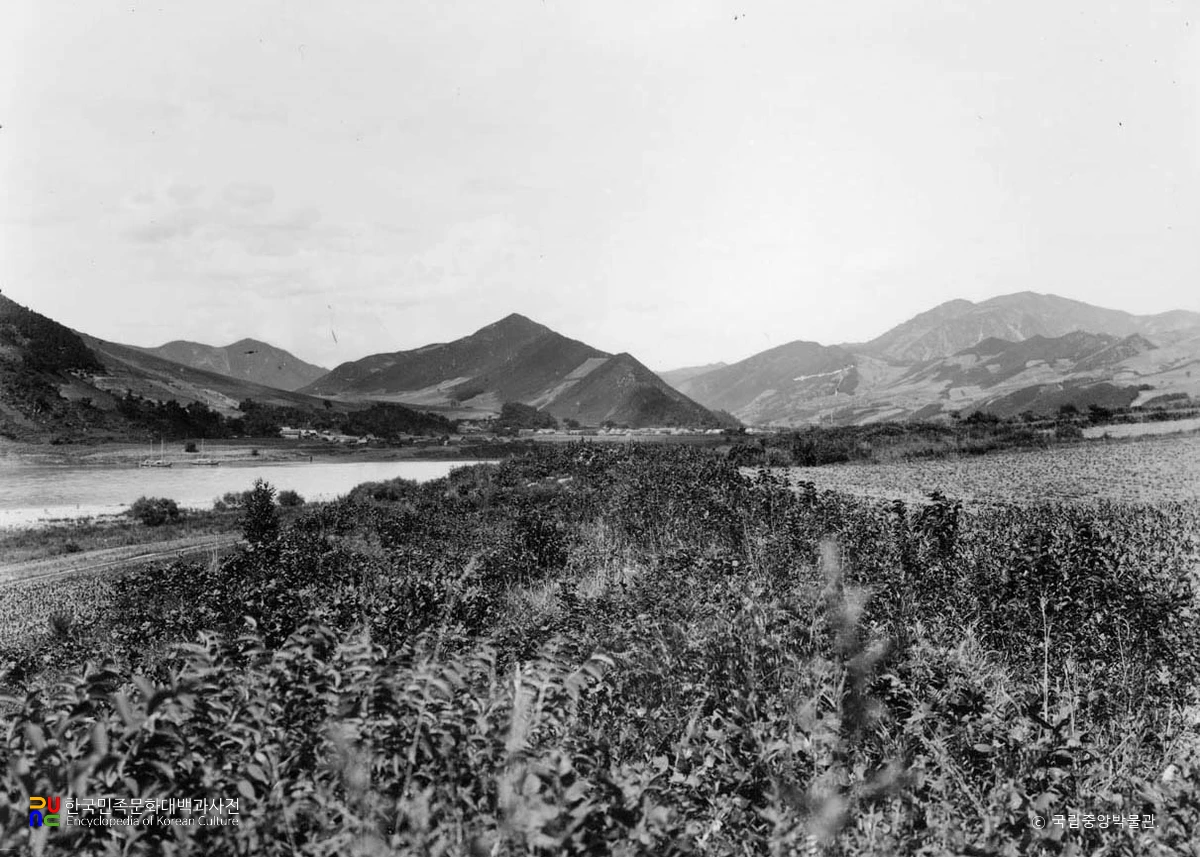 평북 위원 압록강변에서 본 유수림자 강구