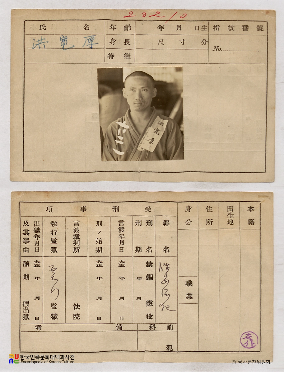 일제 주요감시대상 인물카드 홍관후 전후면