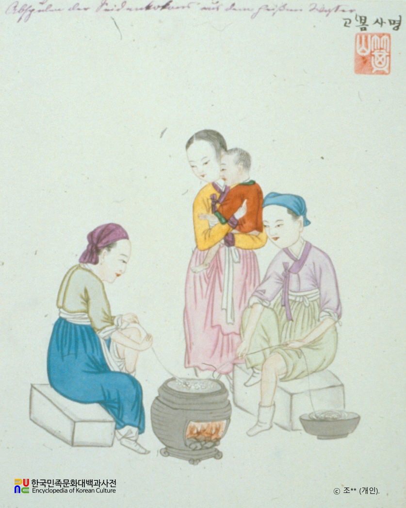 기산풍속도첩/명주실 잣기