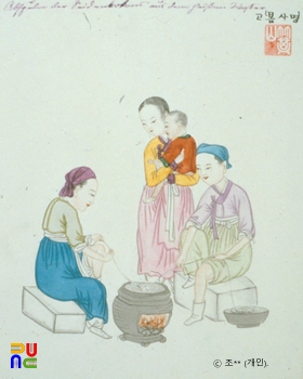 기산풍속도첩/명주실 잣기