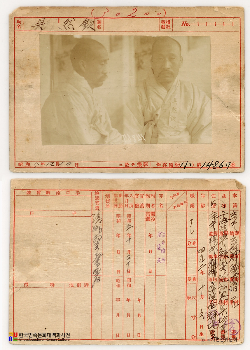 일제 주요감시대상 인물카드 구연흠 전후면