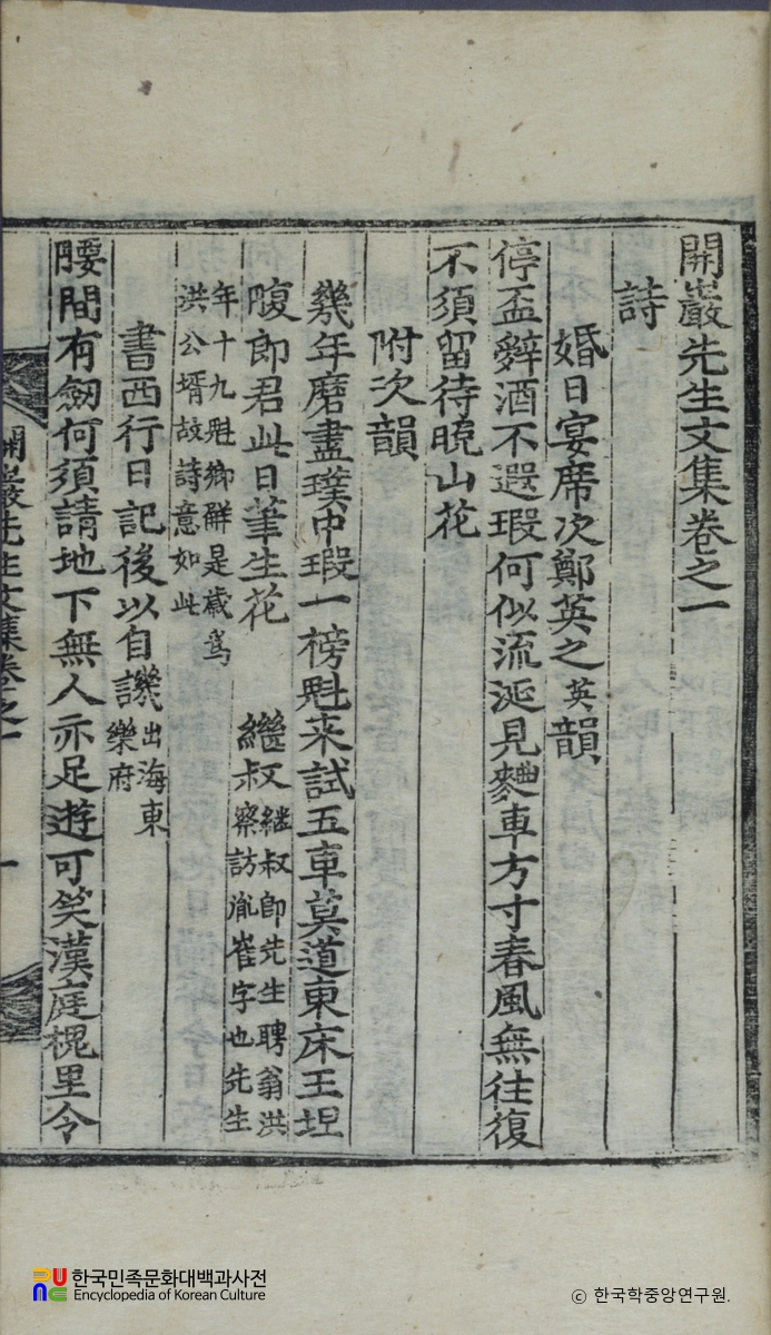 김우굉의 개암문집 중 권수면