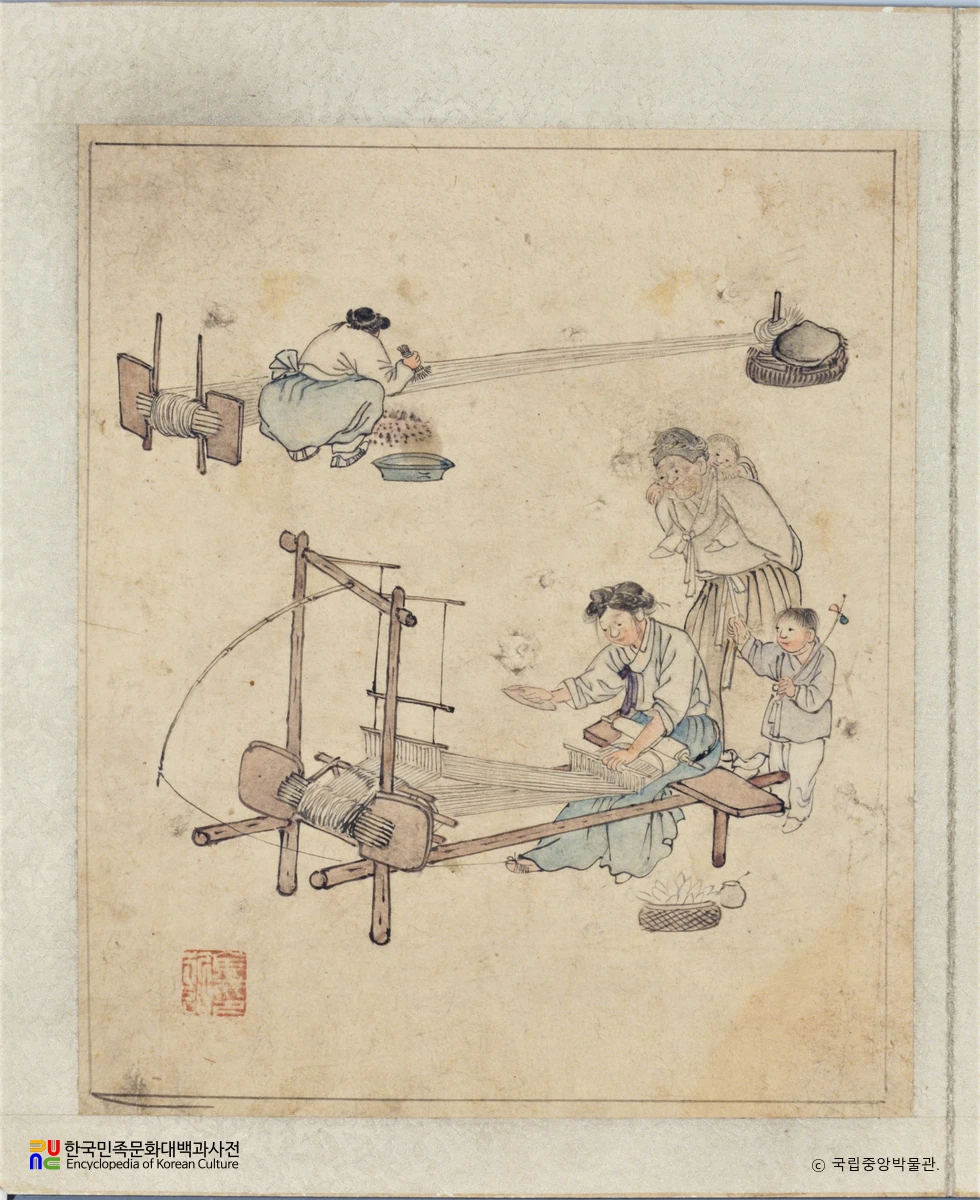 김홍도필 풍속도화첩 중 길쌈