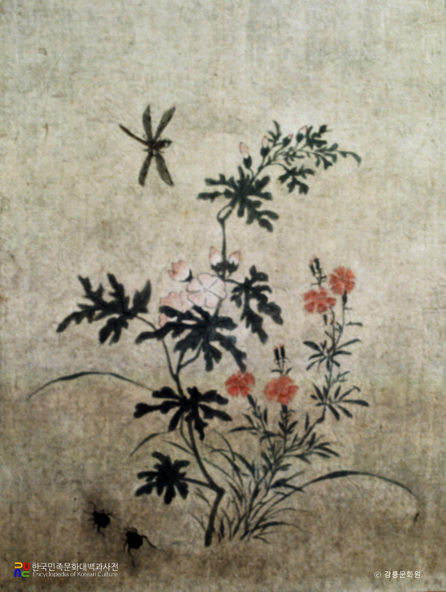 전 신사임당 초충도병 제3폭 물봉선화와 쇠똥벌레