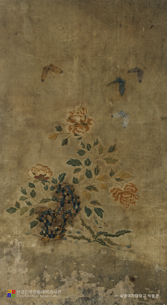 전 신사임당 초충수병제3폭 모란과 나비