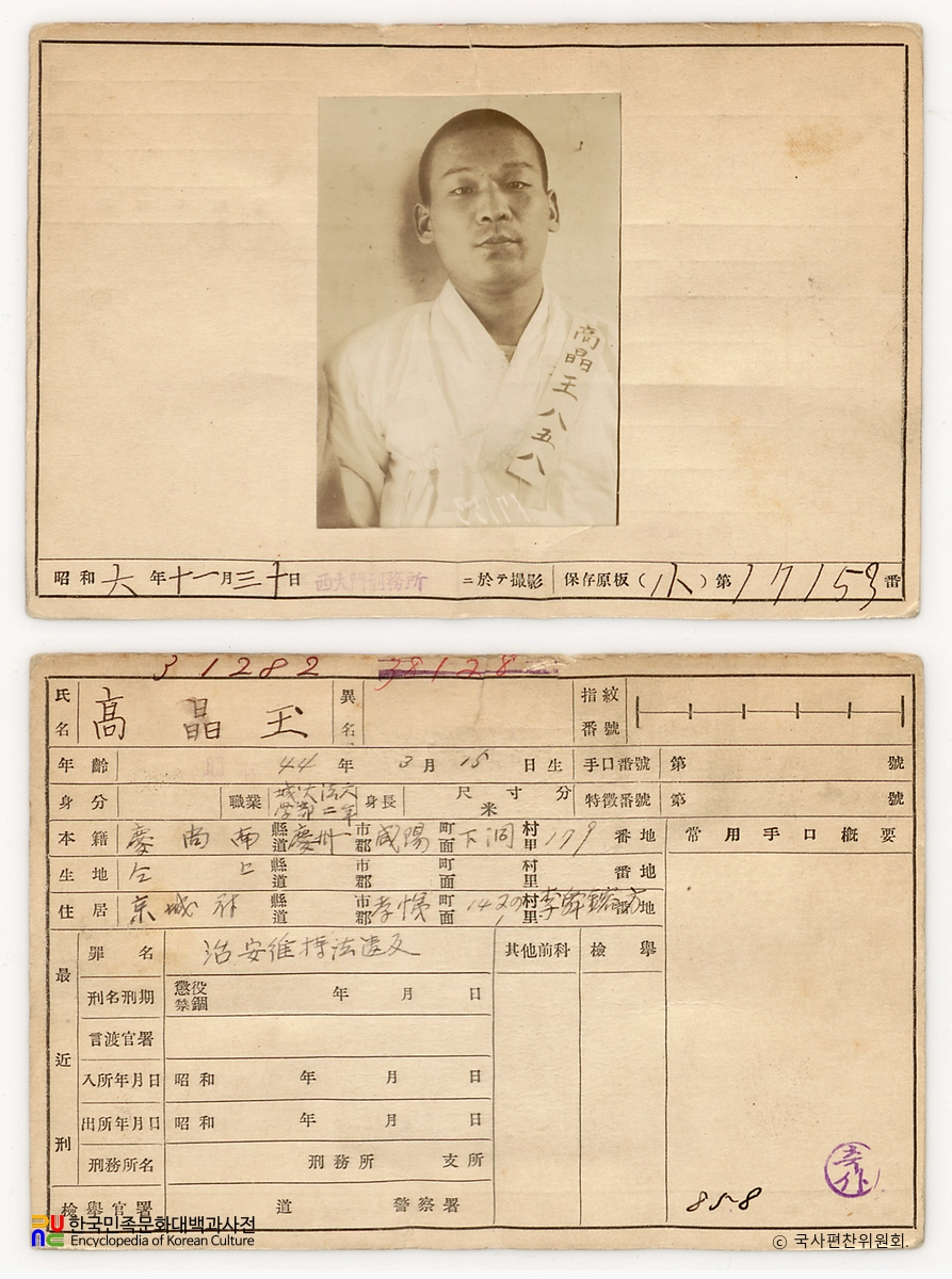 일제 주요감시대상 인물카드 고정옥 전후면