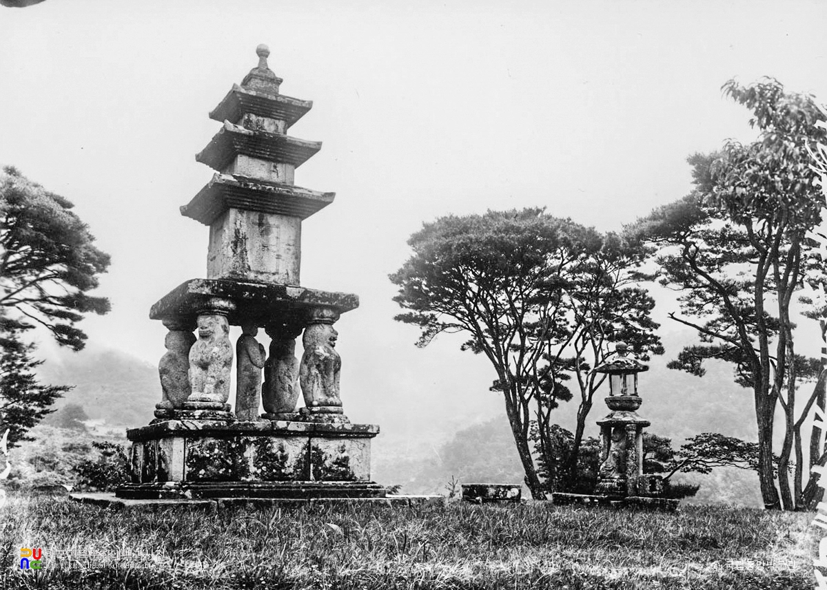 구례 화엄사 사사자 삼층석탑과 석등 우측면