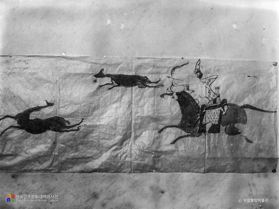 평안남도 대동군 사신총 현실 기마수렵 벽화모사도