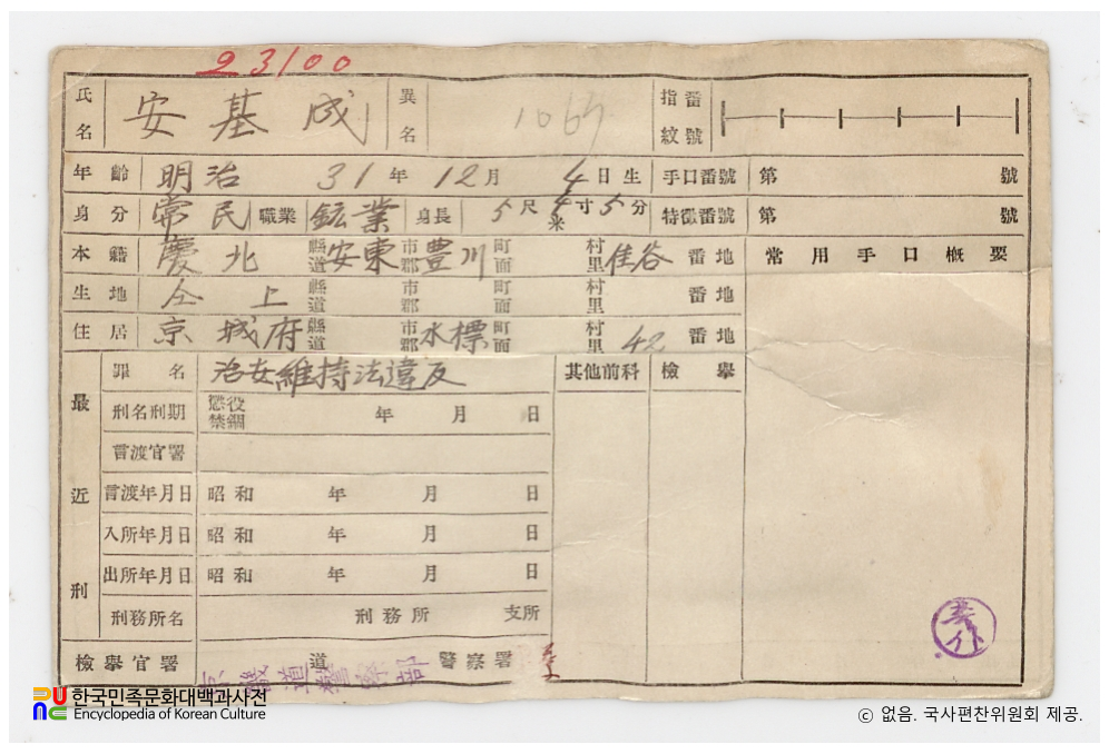 일제 주요감시대상 인물카드 안기성(安基成)_04_후면