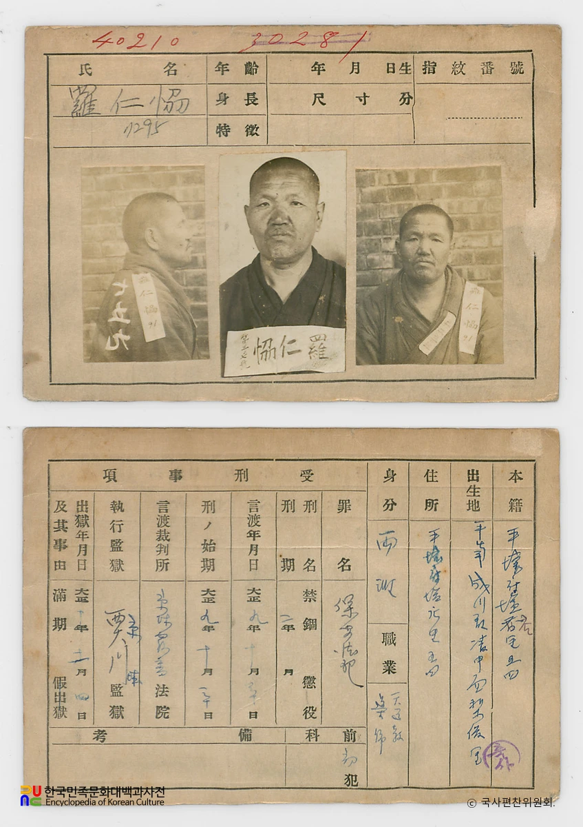 일제 주요감시대상 인물카드 나인협 전후면