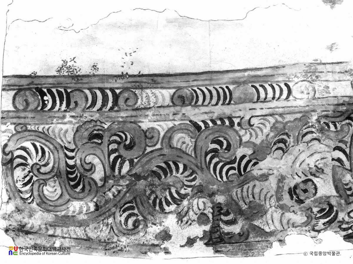 평양 개마무덤 현실 천장 문양 벽화모사도
