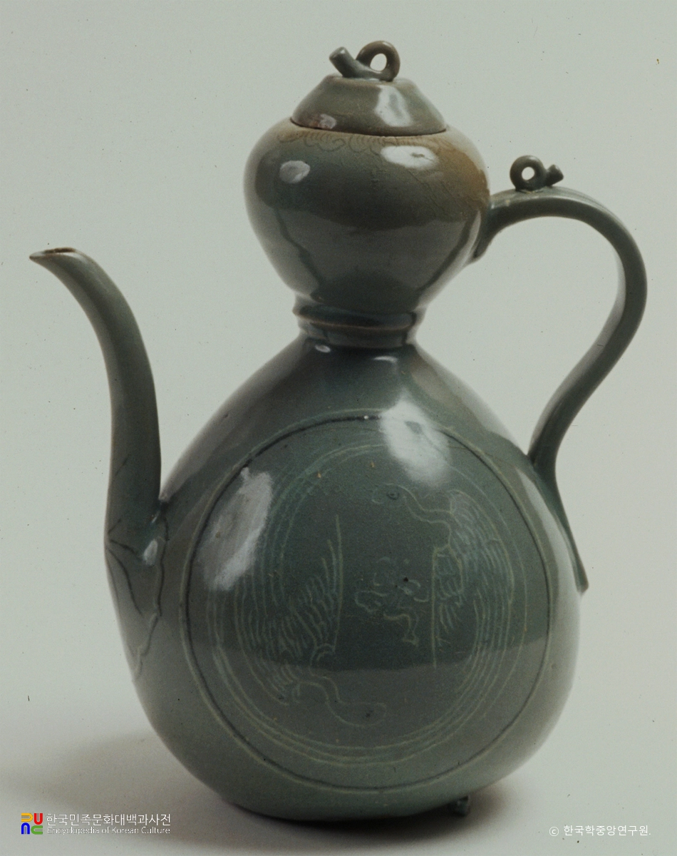 청자 상감 앵무문 표주박모양 주전자