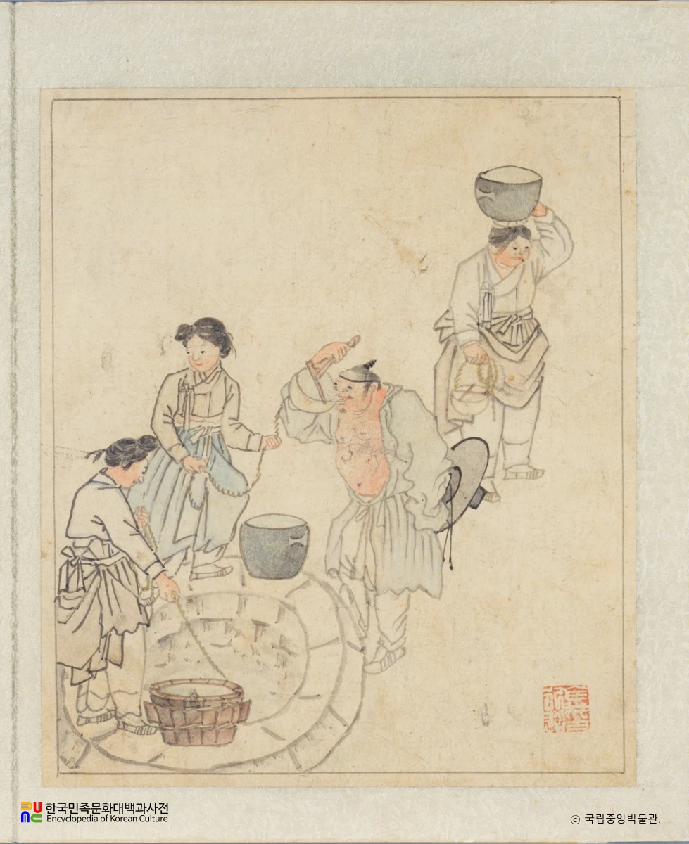김홍도필 풍속도화첩 중 우물가