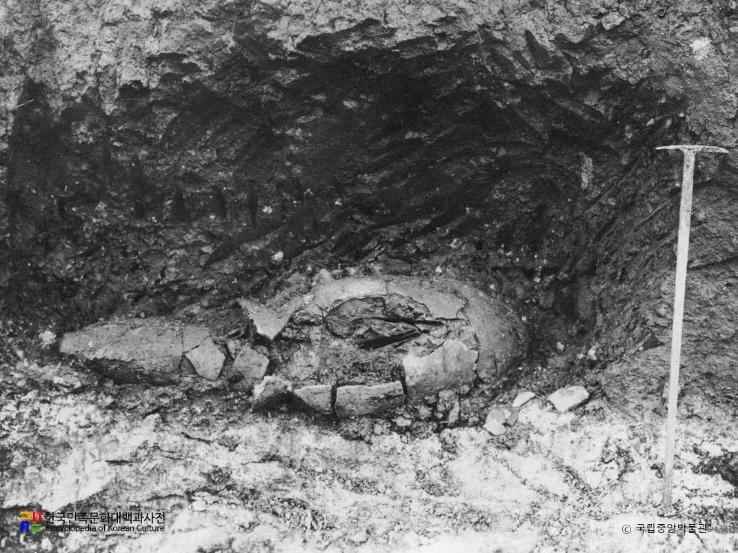 부산 동래 패총 1호 옹관 출토 상태