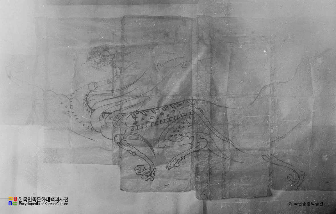 평남 강서 강서대묘 현실 서벽 백호 벽화모사도