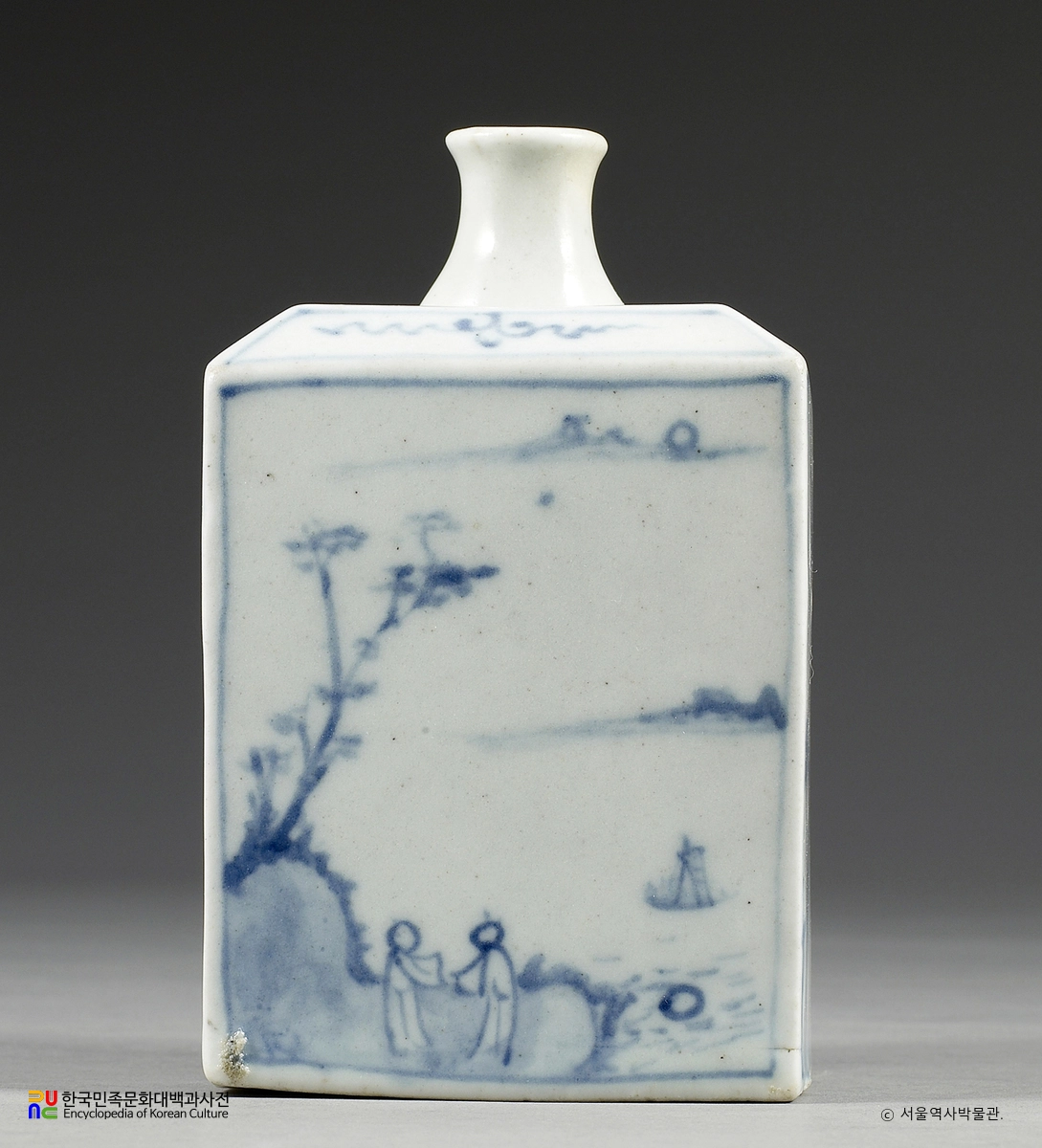 백자 청화 산수인물문 사각병