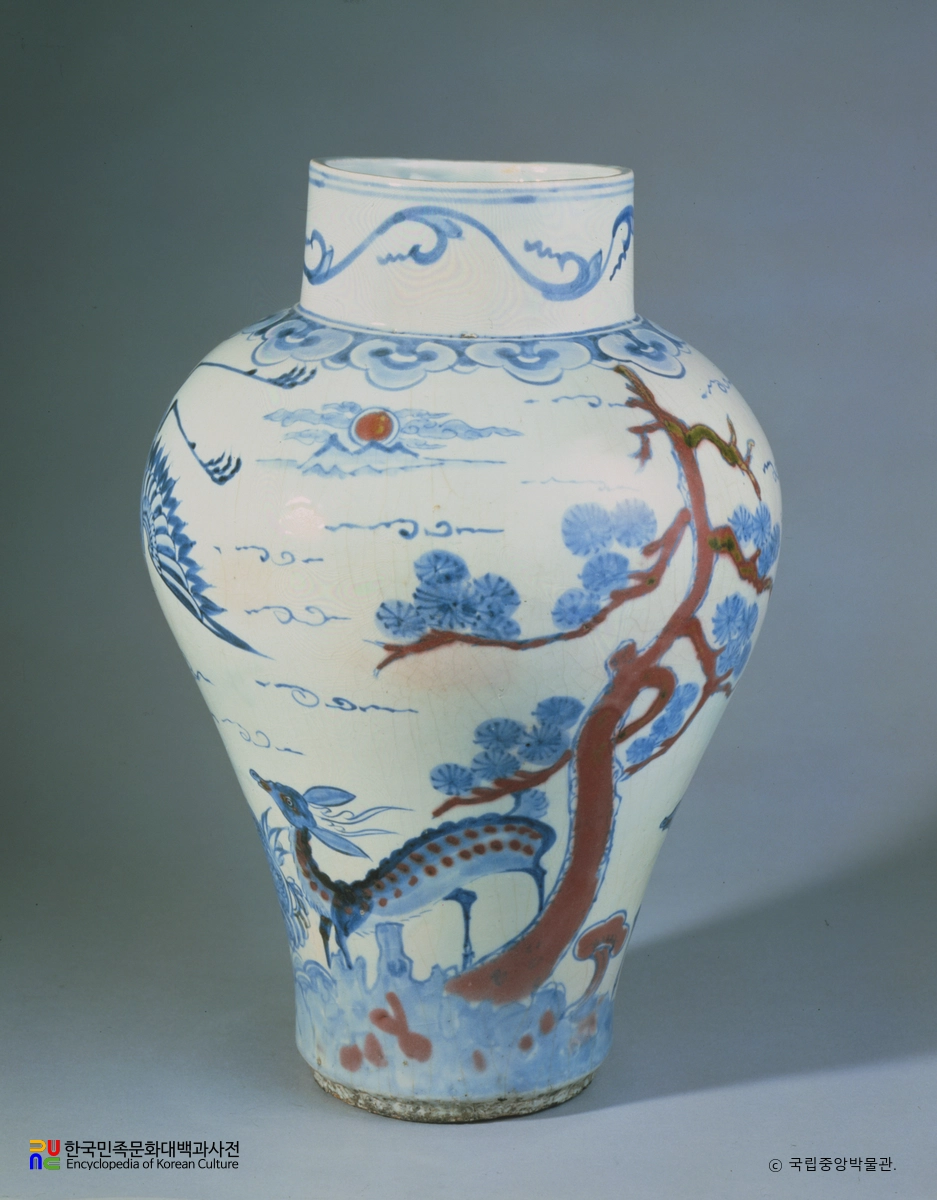 백자청화진사십장생문호