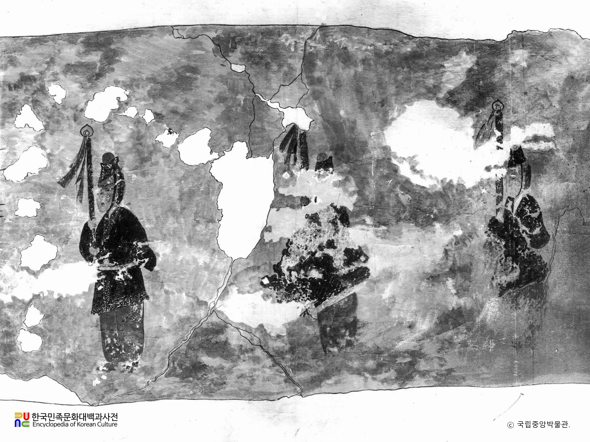 평양 개마무덤 현실 천장 노부 벽화모사도