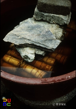 부채 만들기 / 대나무를 물에 담근 모습