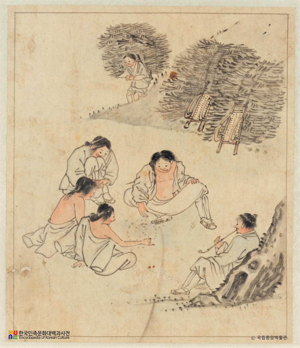 김홍도필 풍속도화첩 중 고누놀이