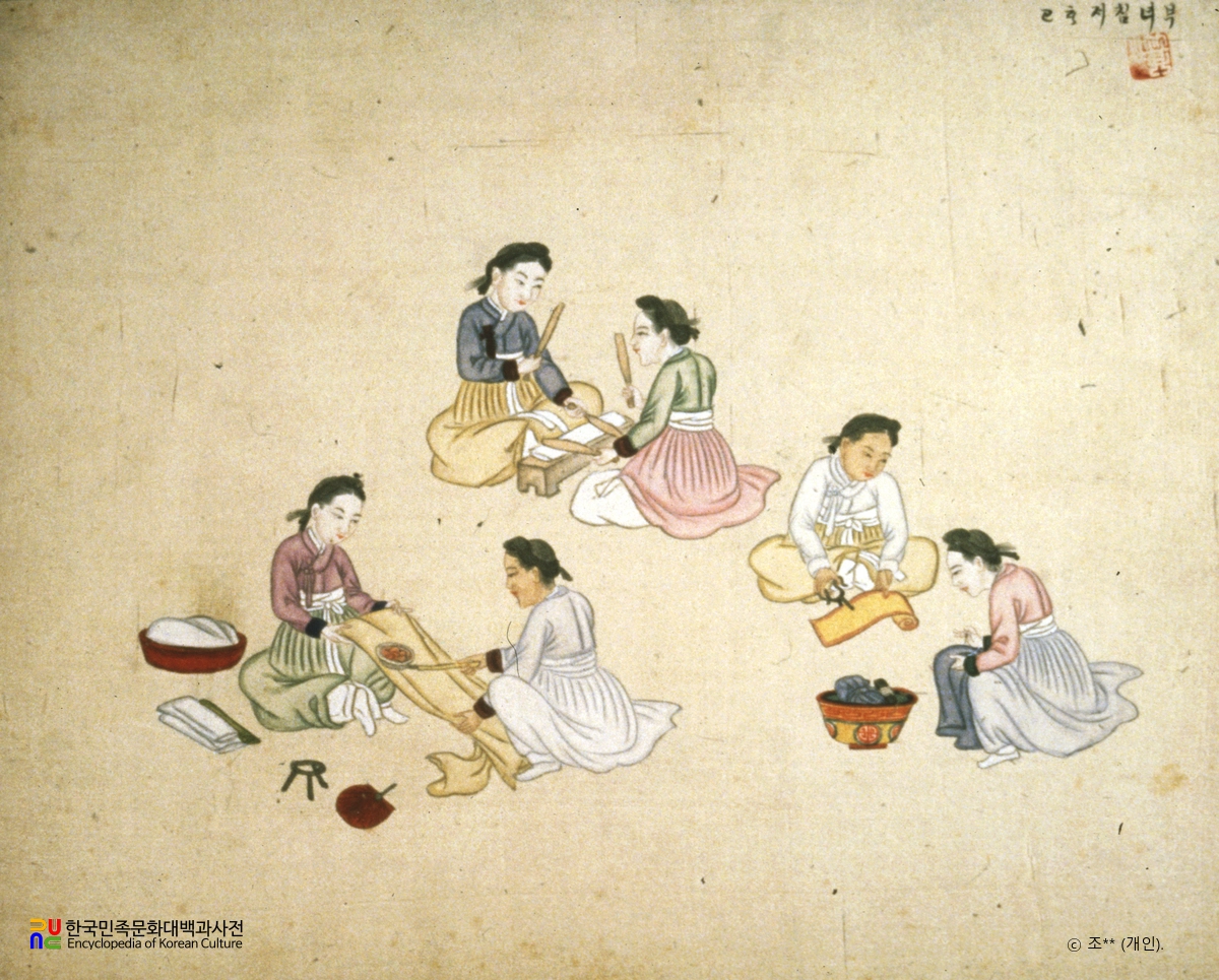 기산풍속도첩/옷감 다루기(침저)