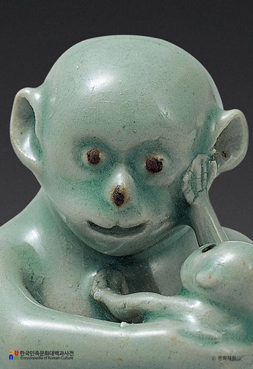 청자 모자원숭이모양 연적