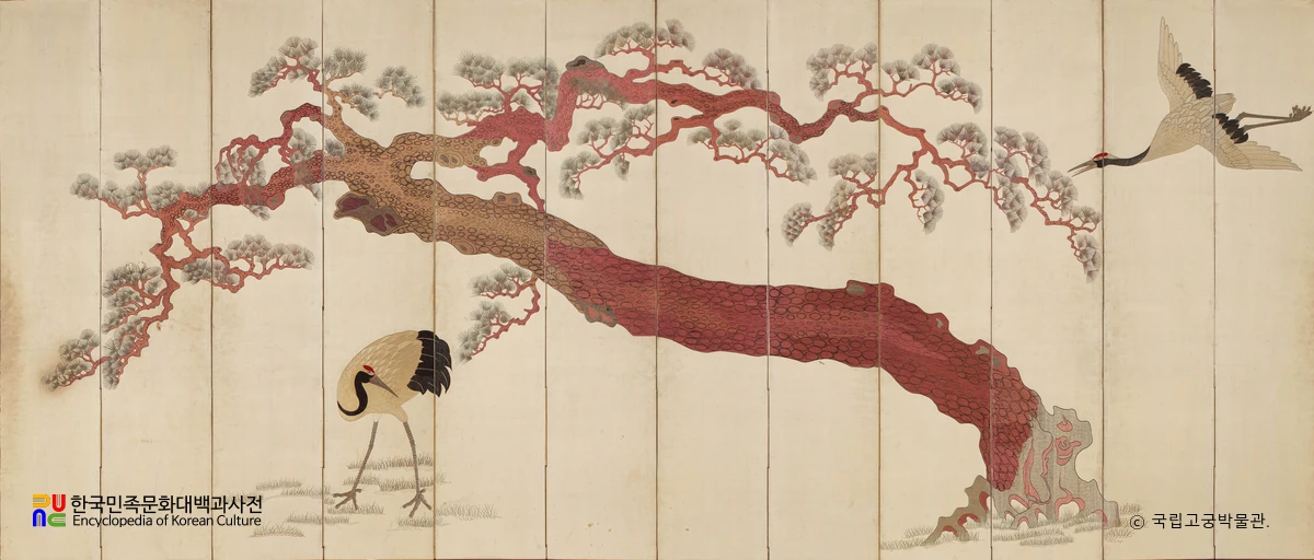 송학도 자수병풍 화면 부분