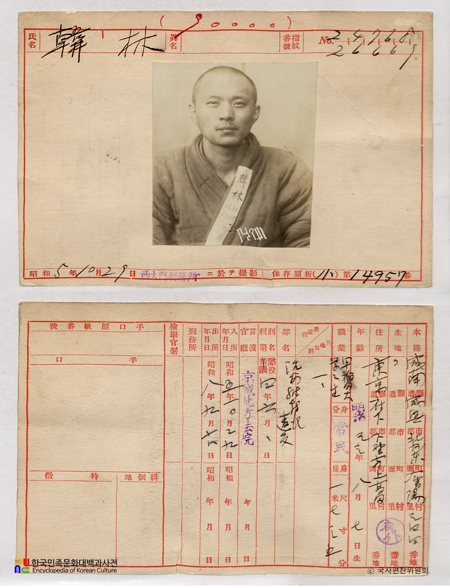 일제 주요감시대상 인물카드 한림 전후면