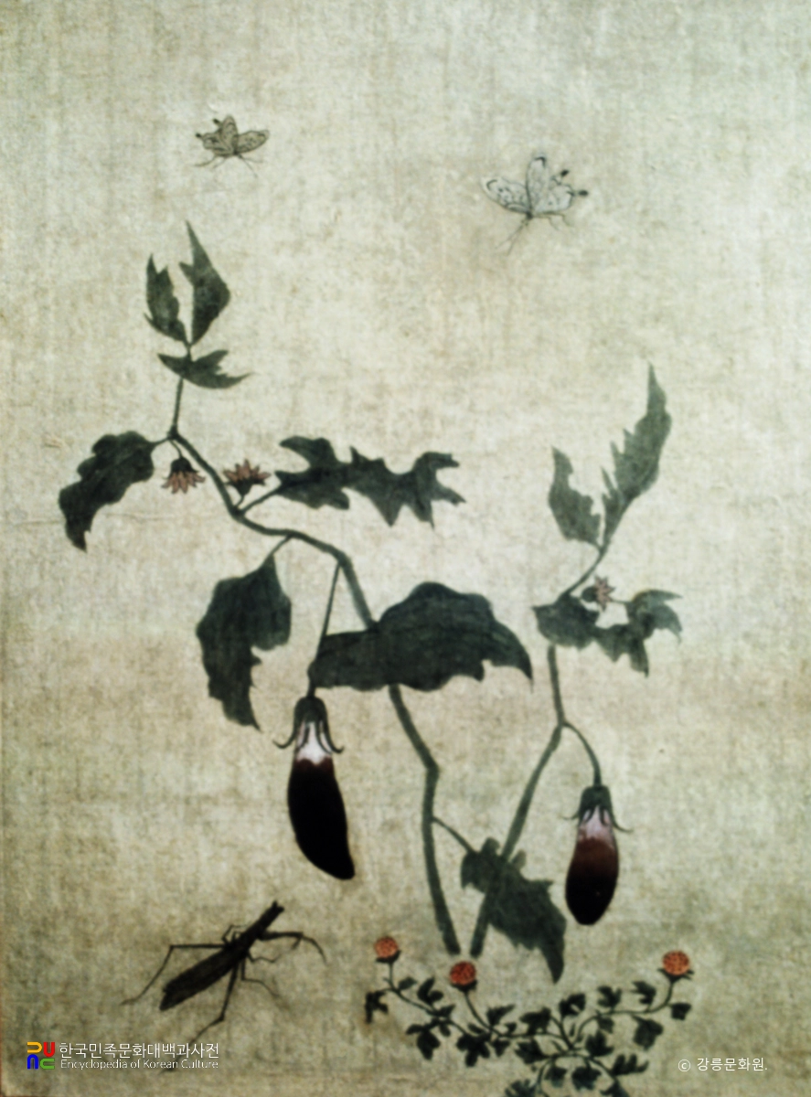 전 신사임당 초충도병 제5폭 가지와 범땅개