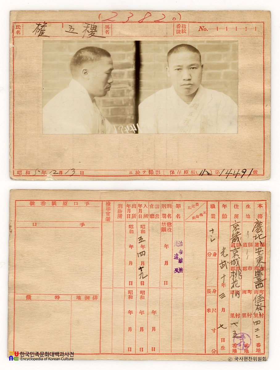 일제 주요감시대상 인물카드 권오직 전후면