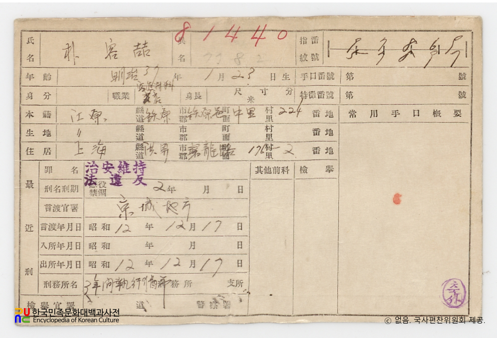 일제 주요감시대상 인물카드 박용철(朴容喆)_01_후면