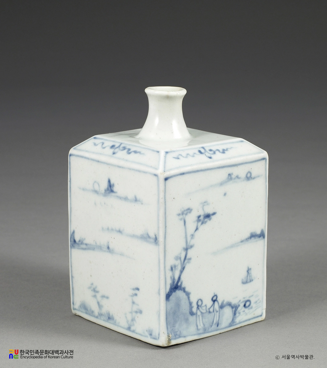 백자 청화산수인물문 사각병