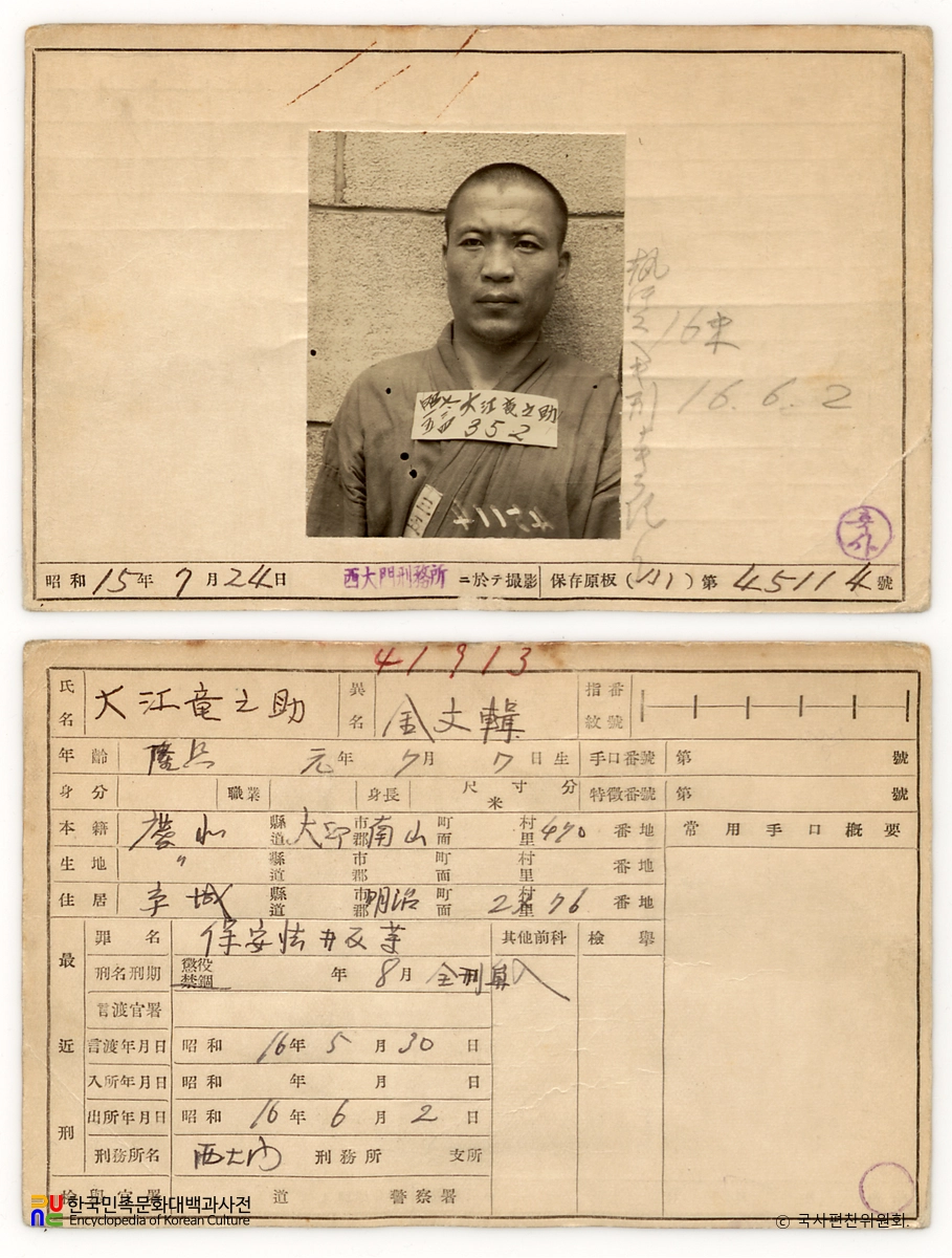 일제 주요감시대상 인물카드 김문집 전후면