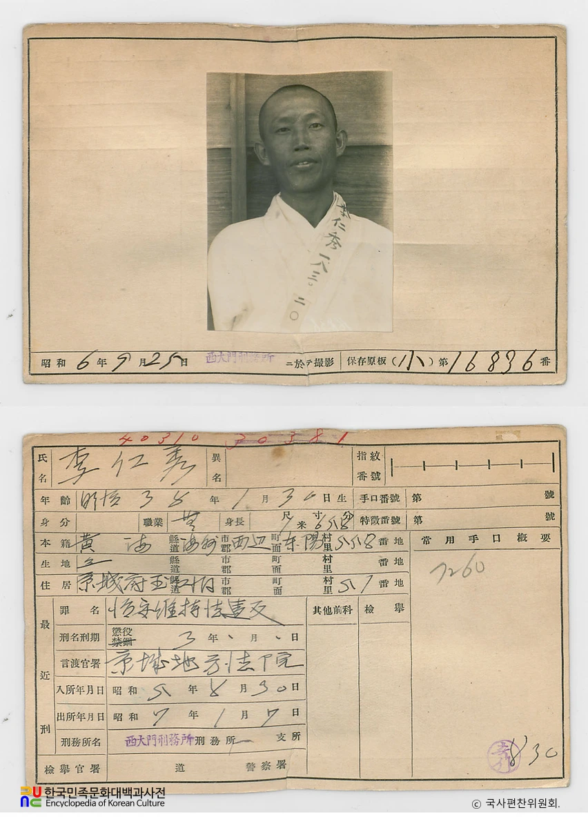 일제 주요감시대상 인물카드 이인수 전후면